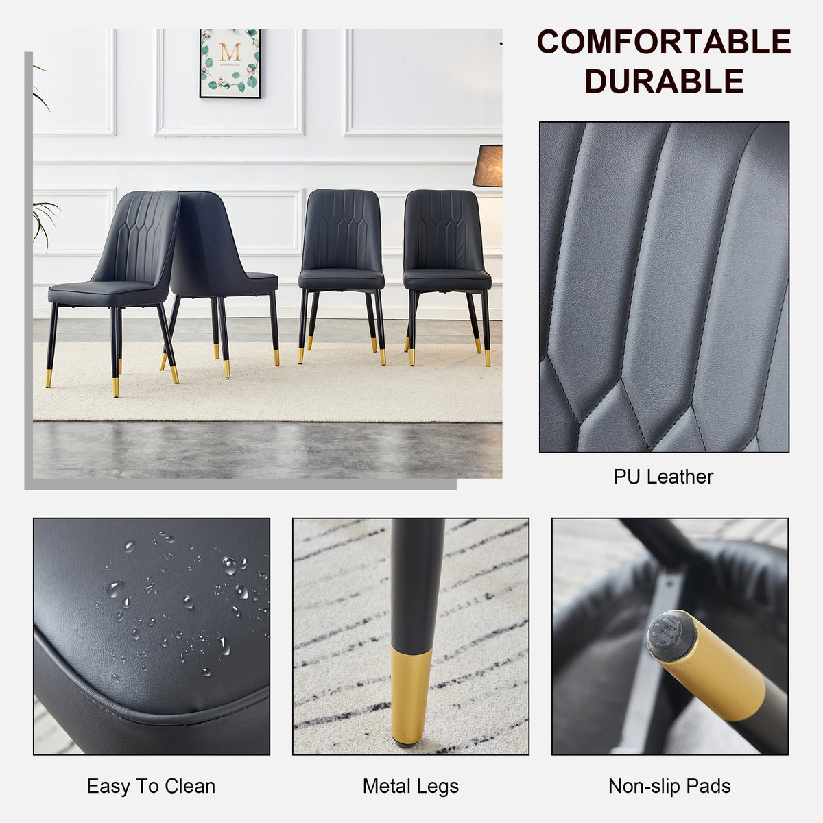Table And Chair Set.The Table Has A Glass Top With Imitation Marble Pattern Stickers And Stainless Steel Golden Legs. Paried With Chairs With Pu Artificial Leather Backrest Cushions And Black Legs. White Gold Seats 8 Glass Metal