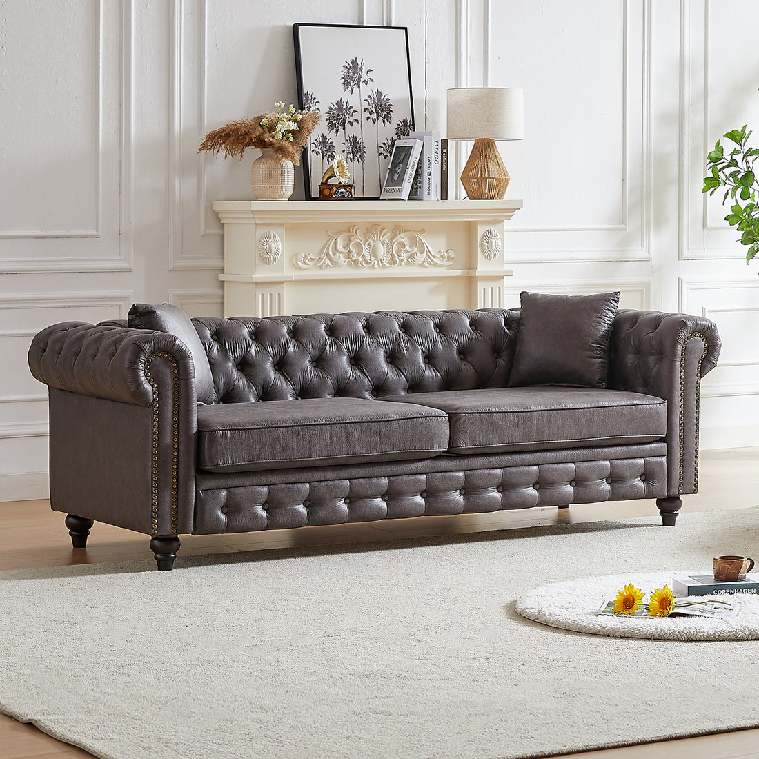 Fx 85.5"Living Room With Tech Fabric Chesterfield Sofa With Rolled Arms 3 Seater Sofa With Button Design And 2 Cushions For Apartment, Office, Living Room Grey Wood Primary Living Space Pine Foam Fabric 3 Seat