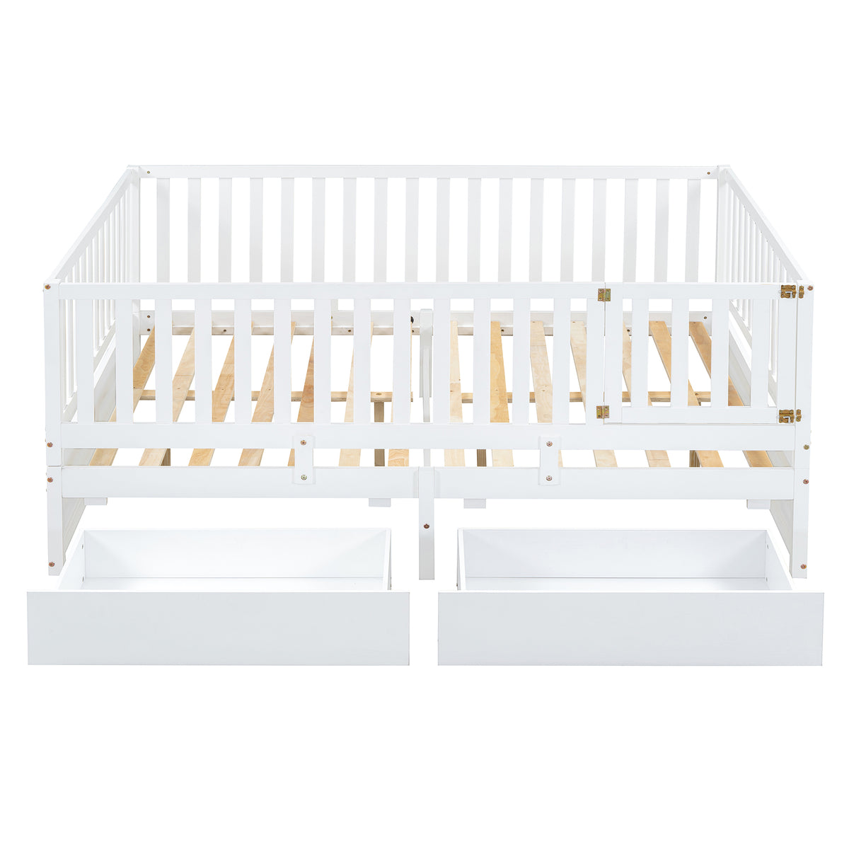 Full Size Wood Daybed With Fence Guardrails And 2 Drawers, Split Into Independent Floor Bed & Daybed, White Old Sku :Lp000882Aak Full White Solid Wood Mdf
