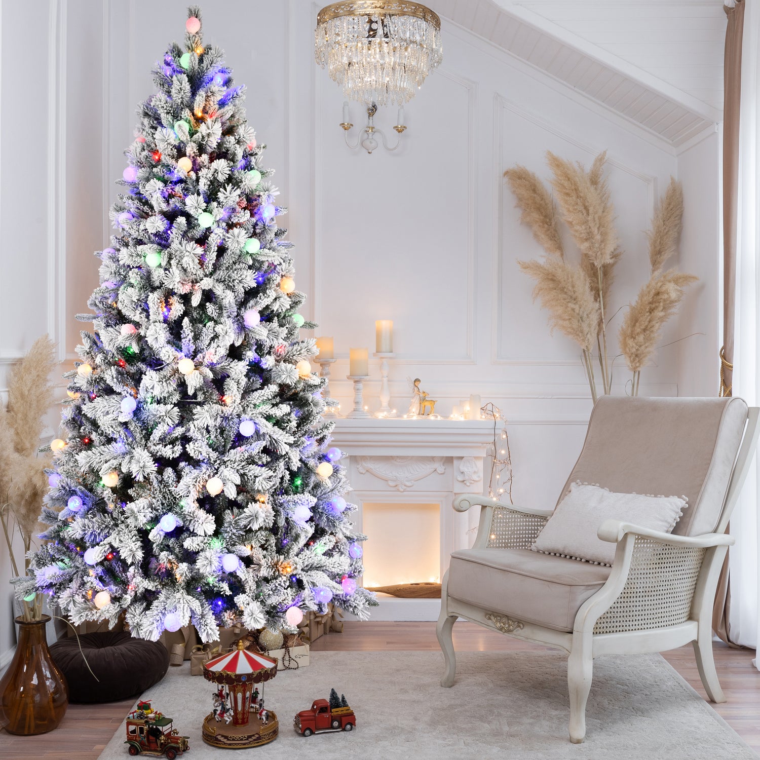 7.5Ft Pe Pvc Pine Mixed Christmas Tree With Colorful Warm Light 10 Function Led, Memory Wire & Easy Power Technology Green,White Polyethylene