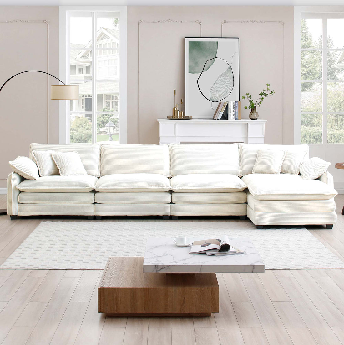 Corduroy Sofa Modern Upholstered 4 Seater With With 1 Footstool Corduroy Fabric Sofaoffice Living Room Apartment Comfort Sofa, Easy To Assemble With 2 Arm Pillows And 4 Throw Pillows Beige Corduroy 4 Seat