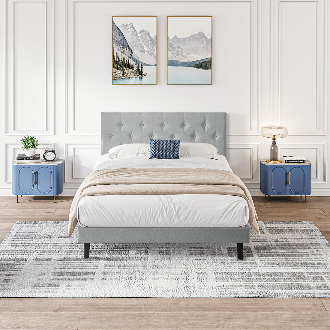Queen Size Upholstered Platform Bed Frame With Modern Button Tufted Linen Fabric Headboard, No Box Spring Needed, Wood Slat Support, Easy Assembly, Grey Queen Light Grey Linen