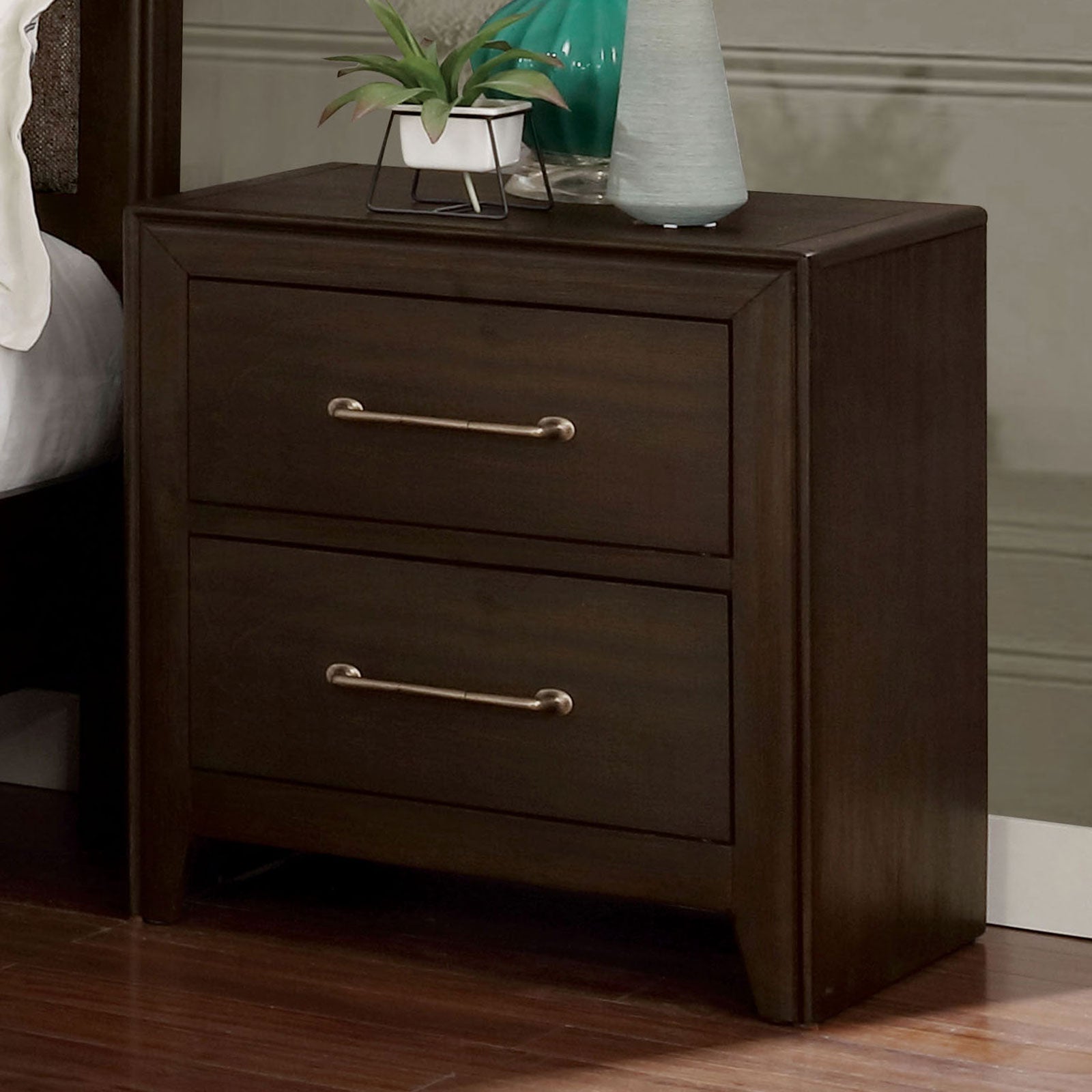 Walnut 1Pc Nightstand Only Solid Wood 2 Drawers Bedside Table Brushed Nickel Pull Modern Bedroom Walnut 2 Drawers Bedroom Bedside Cabinet Contemporary,Modern,Transitional Rubberwood Felt Lined