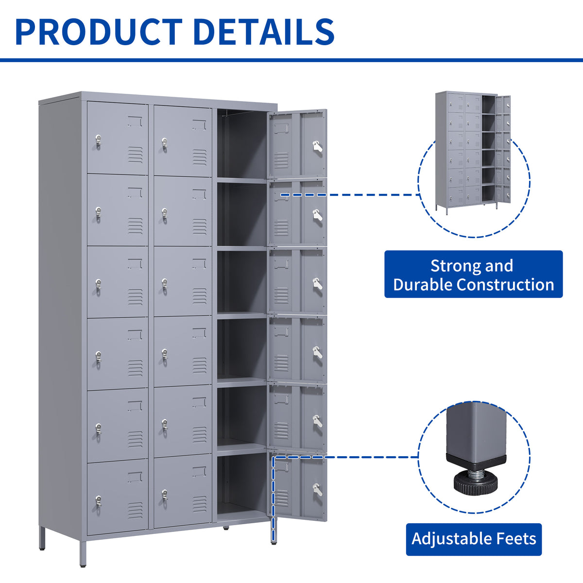 18 Door 72"H Metal Lockers With Lock For Employees,Storage Locker Cabinet For Home Gym Office School Garage,Easy Assembly,Gray 5 Or More Spaces Gray Primary Living Space Door Locks Modern Metal