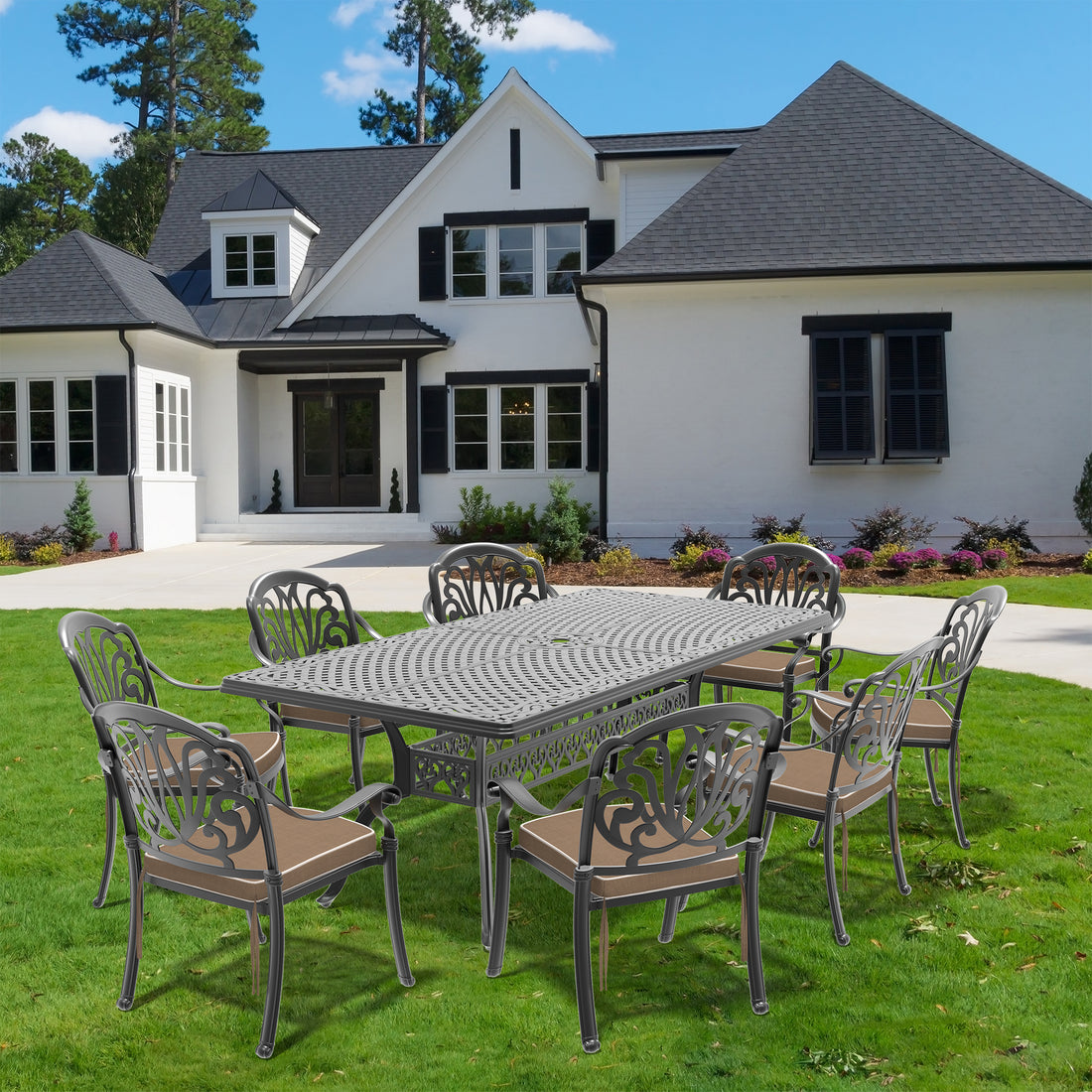 Cushions In Random Colors 9 Piece Set Of Cast Aluminum Patio Furniture With Cushions Yes Dining Set Black Seats 8 Rust Resistant Frame Water Resistant Cushion Garden & Outdoor Complete Patio Sets Aluminium