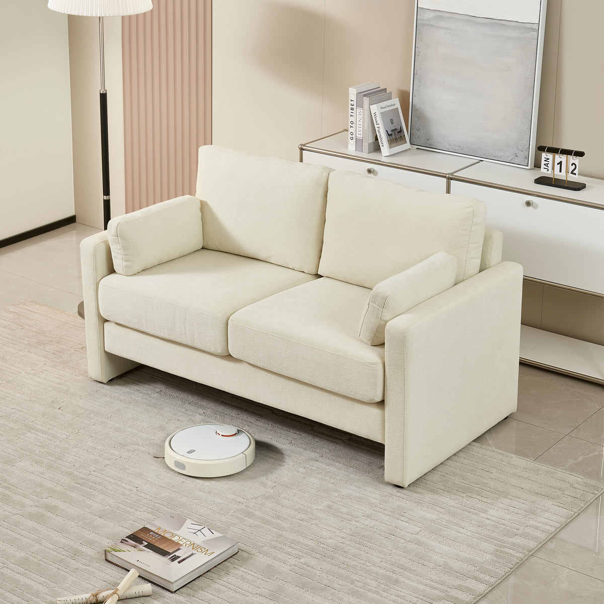 58.66" Small Modern Loveseat Sofa, Mid Century Chenille Fabric 2 Seat Couch Beautiful Seat With Back Cushions, Accent Sofa Couch For Living Beige Wood Foam Chenille 2 Seat