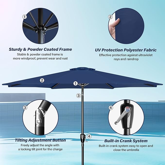 10Ft Outdoor Market Patio Umbrella With 8 Sturdy Ribs, Tilt Crank Push Button For Garden, Deck, Backyard And Pool Dark Blue Stainless Steel