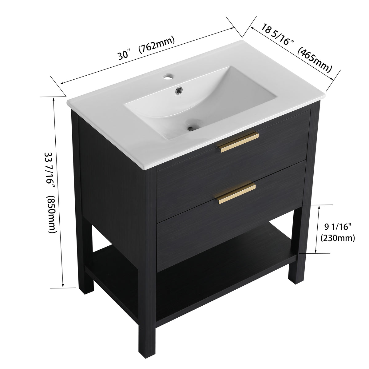 30 Inch Bathroom Vanity With Sink And 2 Soft Close Drawers, Golden Handle Bvb01030Bctg Bl9075B Black Chestnut Bathroom Modern Plywood