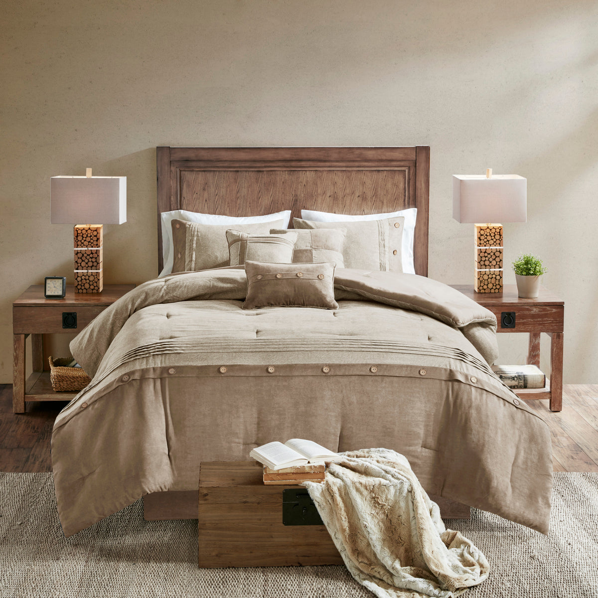 7 Piece Faux Suede Comforter Set Tan King King Tan Polyester