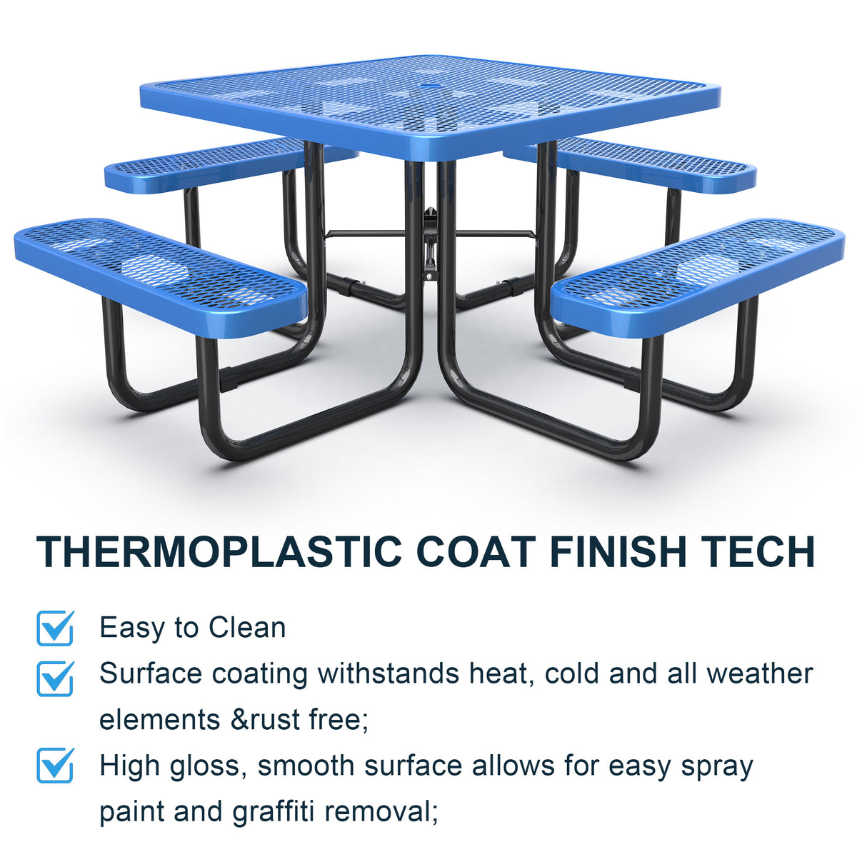 Square Outdoor Steel Picnic Table 46" With Umbrella Pole,Blue Blue Steel Steel