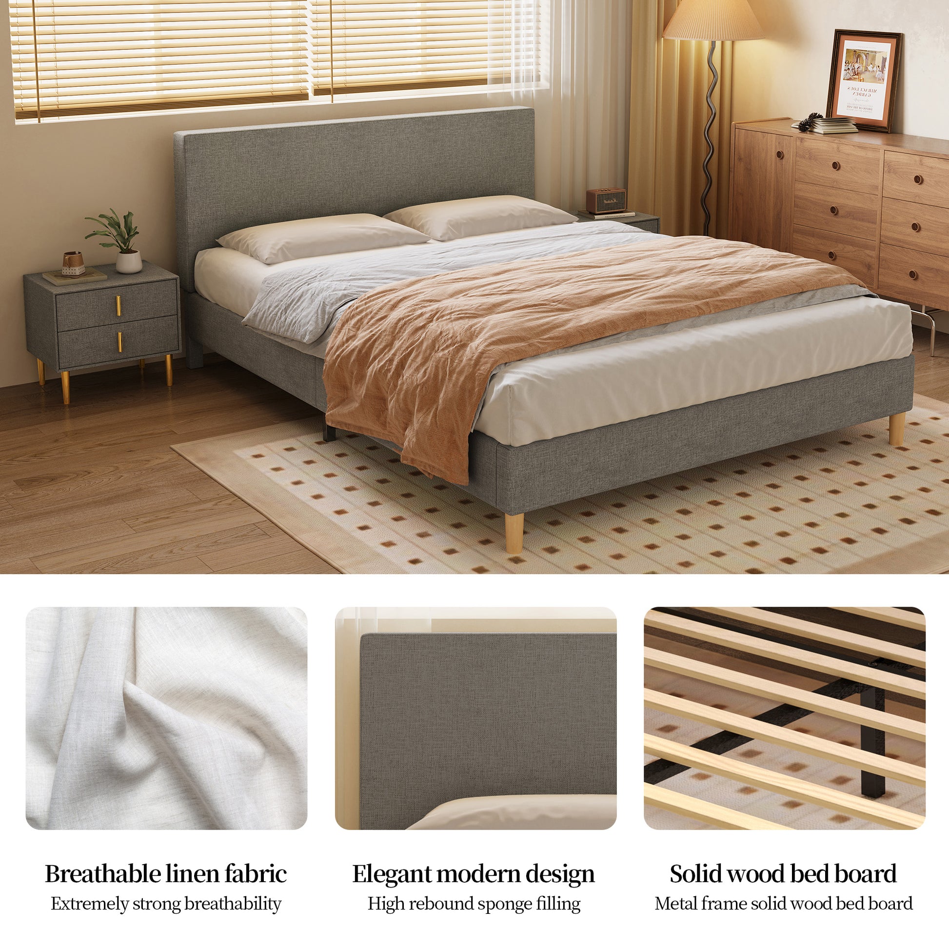 Queen Size Bed, Cotton Linen Fabric, Simple Style, Stable Structure, Easy To Install, Dark Gray Queen Dark Gray Mdf Acacia