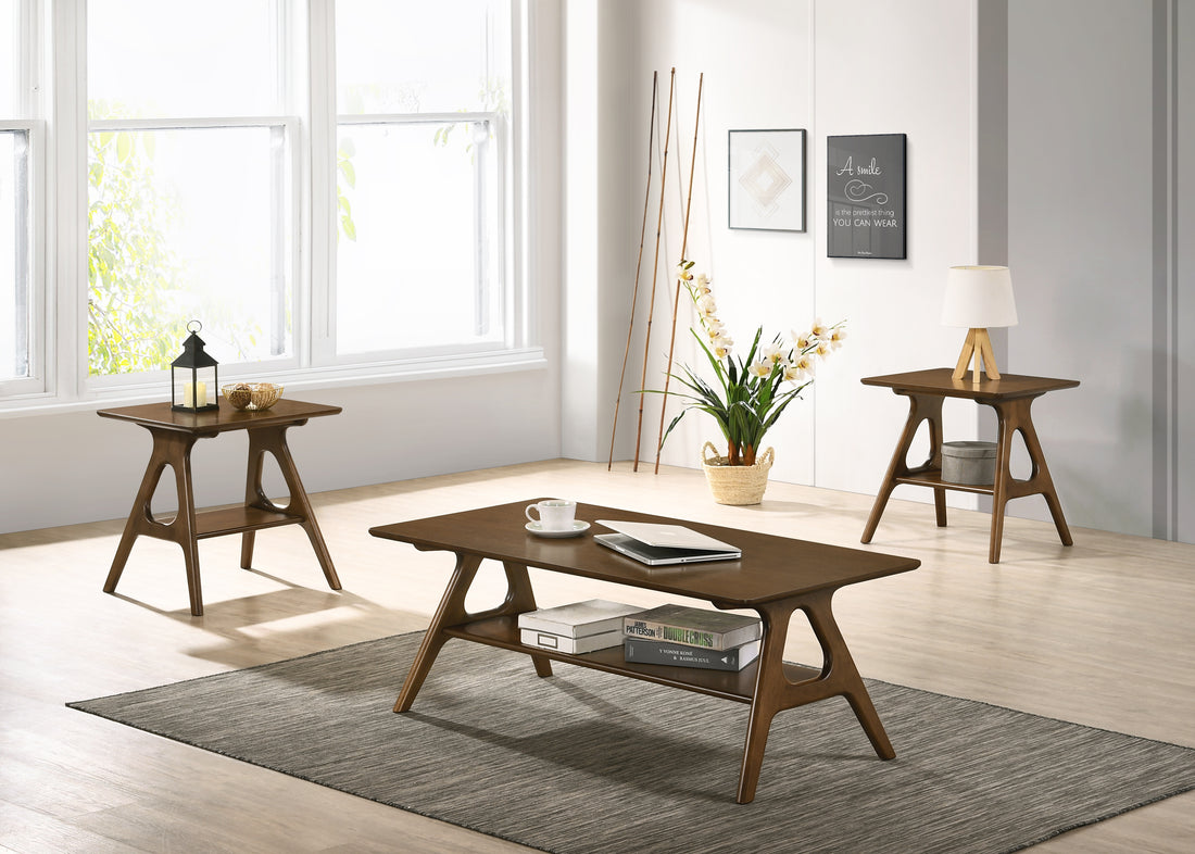 Arona Mid Century Modern Wood 3 Piece Coffee Table Set Brown Primary Living Space Rectangular Coffee & End Tables Rectangular Mdf