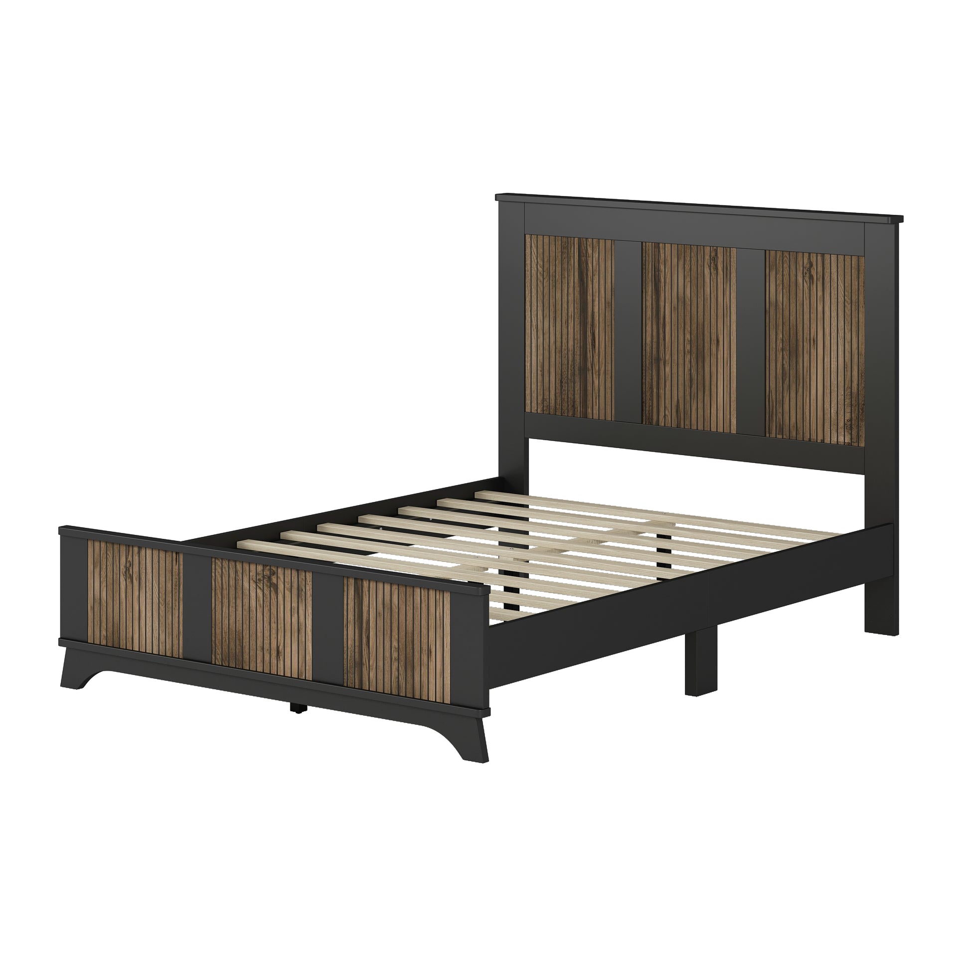 4 Pieces Bedroom Sets, Full Size Farmhouse Platform Bed With Wooden Strip Decoration, Storage Nightstand And Dresser With Metal Handle, Black Full Black 4 Piece Set Particle Board