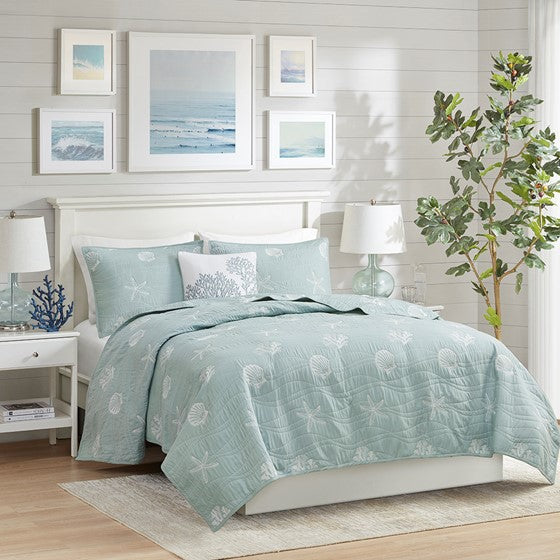 4 Piece Cotton Reversible Embroidered Quilt Set With Throw Pillow Aqua Full Queen Full Aqua Cotton