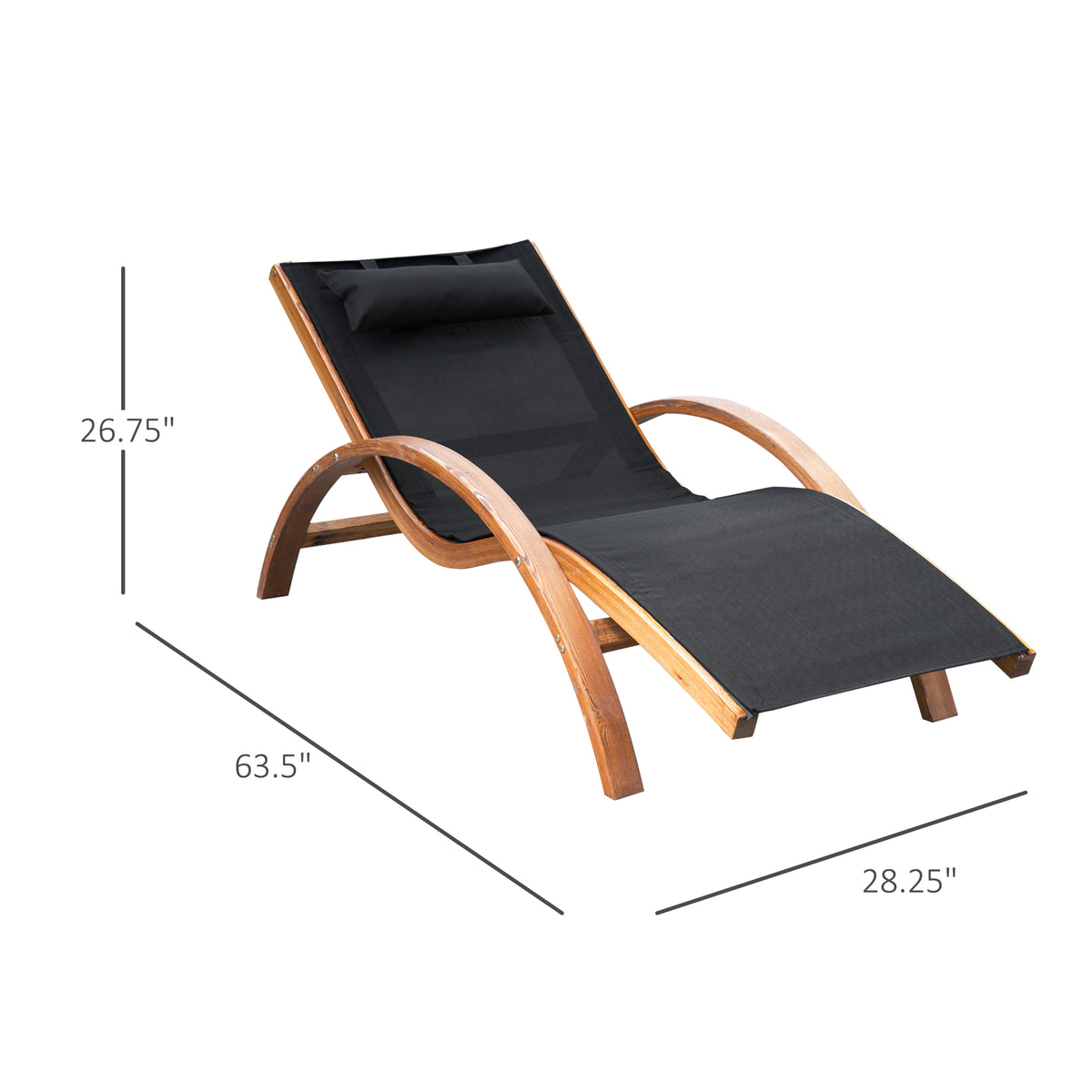Outsunny Outdoor Chaise Wood Lounge Chair With Pillow, Armrests,Sling Mesh And Comfortable Curved Design For Patio, Deck, And Poolside Black Pine