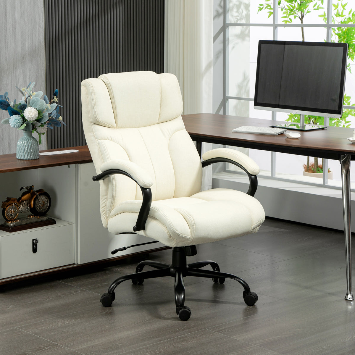 Vinsetto 500Lbs Big And Tall Office Chair With Wide Seat, Executive Computer Chair With Adjustable Height, Swivel Wheels And Linen Finish, Cream White Cream White Linen