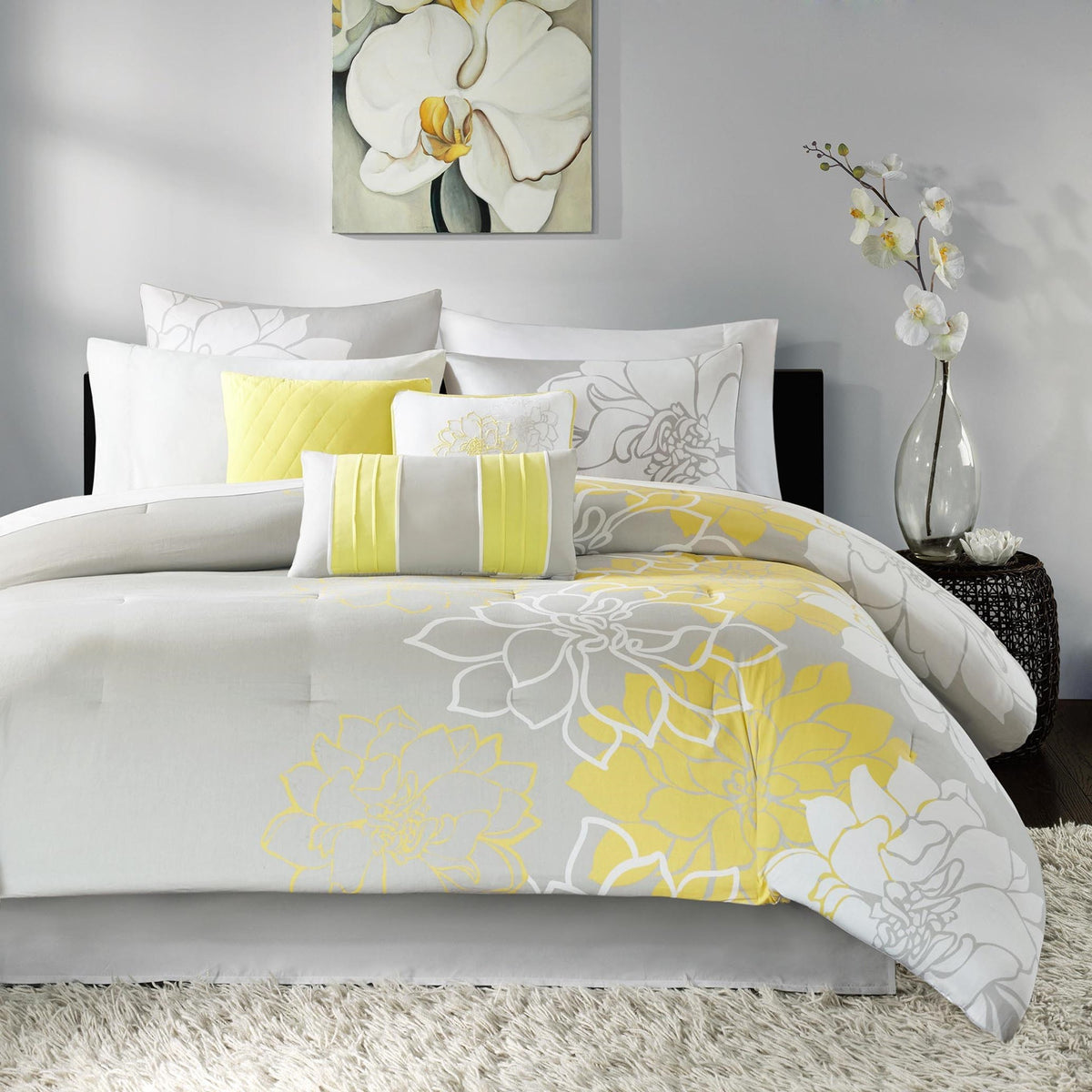 Printed Cotton Sateen Comforter Set Taupe Grey Yellow Queen Queen Yellow Grey Polyester