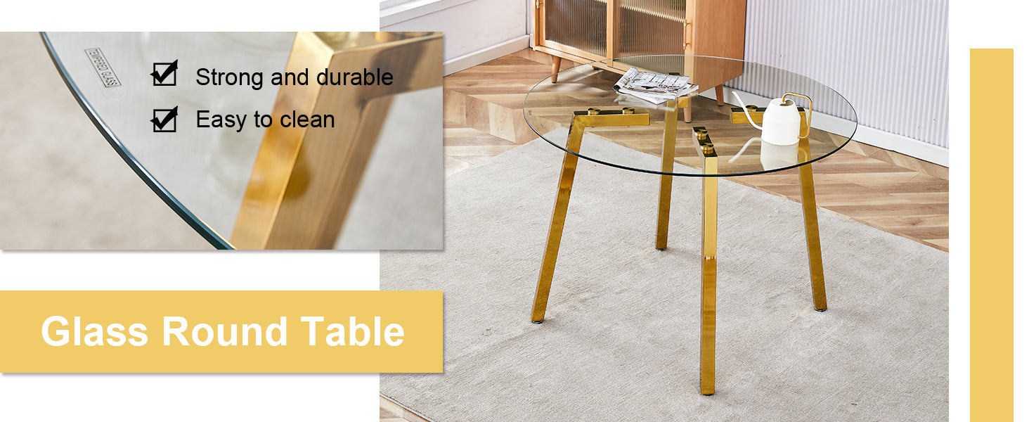 Table And Chair Set.A Modern Minimalist Style Round Clear Tempered Glass Table With Metal Legs.Paried With White Chairs With Modern Pu Leather High Back Upholstered And C Tube Golden Legs. Transparent Seats 6 Glass