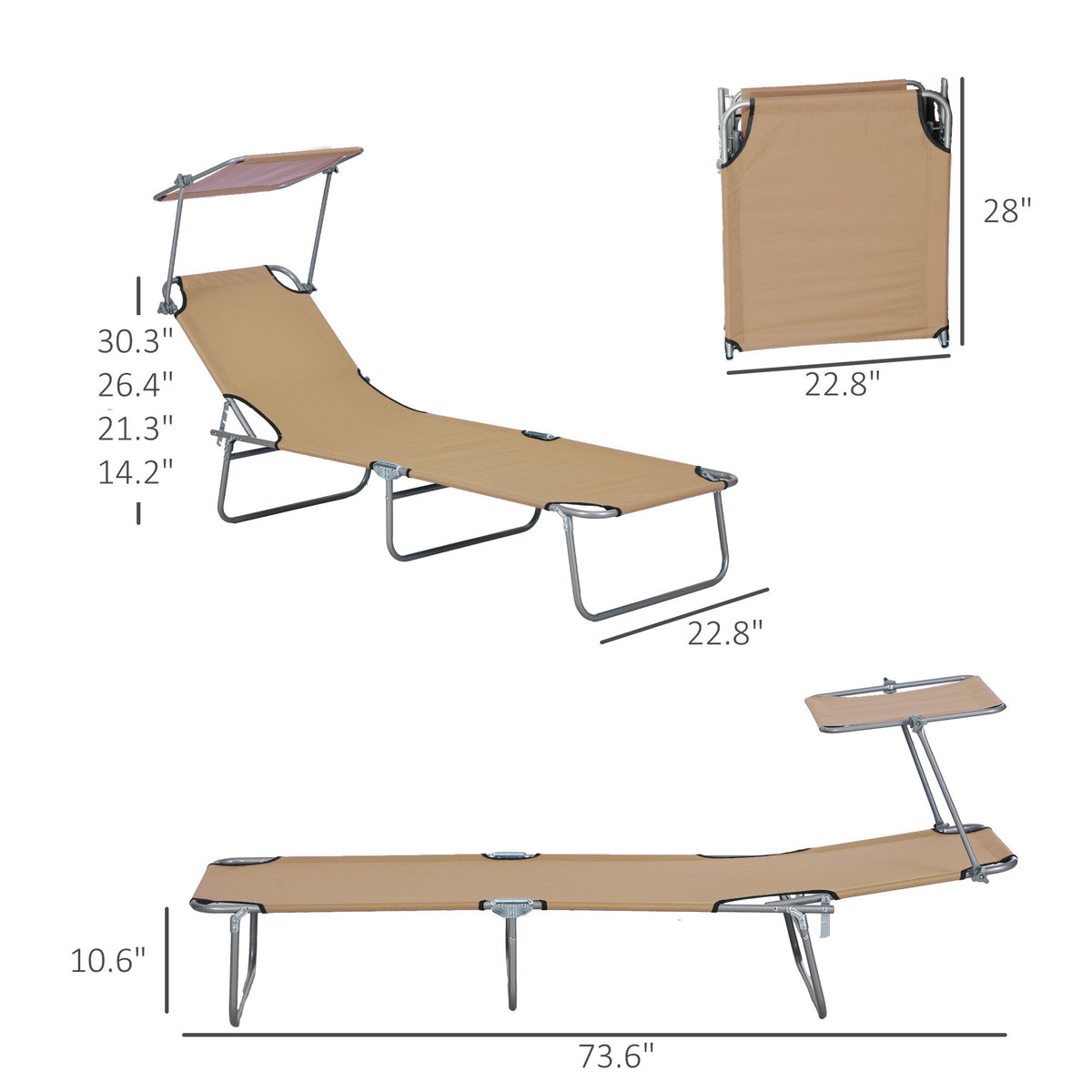 Outsunny Outdoor Lounge Chair, Adjustable Folding Chaise Lounge, Tanning Chair With Sun Shade For Beach, Camping, Hiking, Backyard, Tan Tan Steel