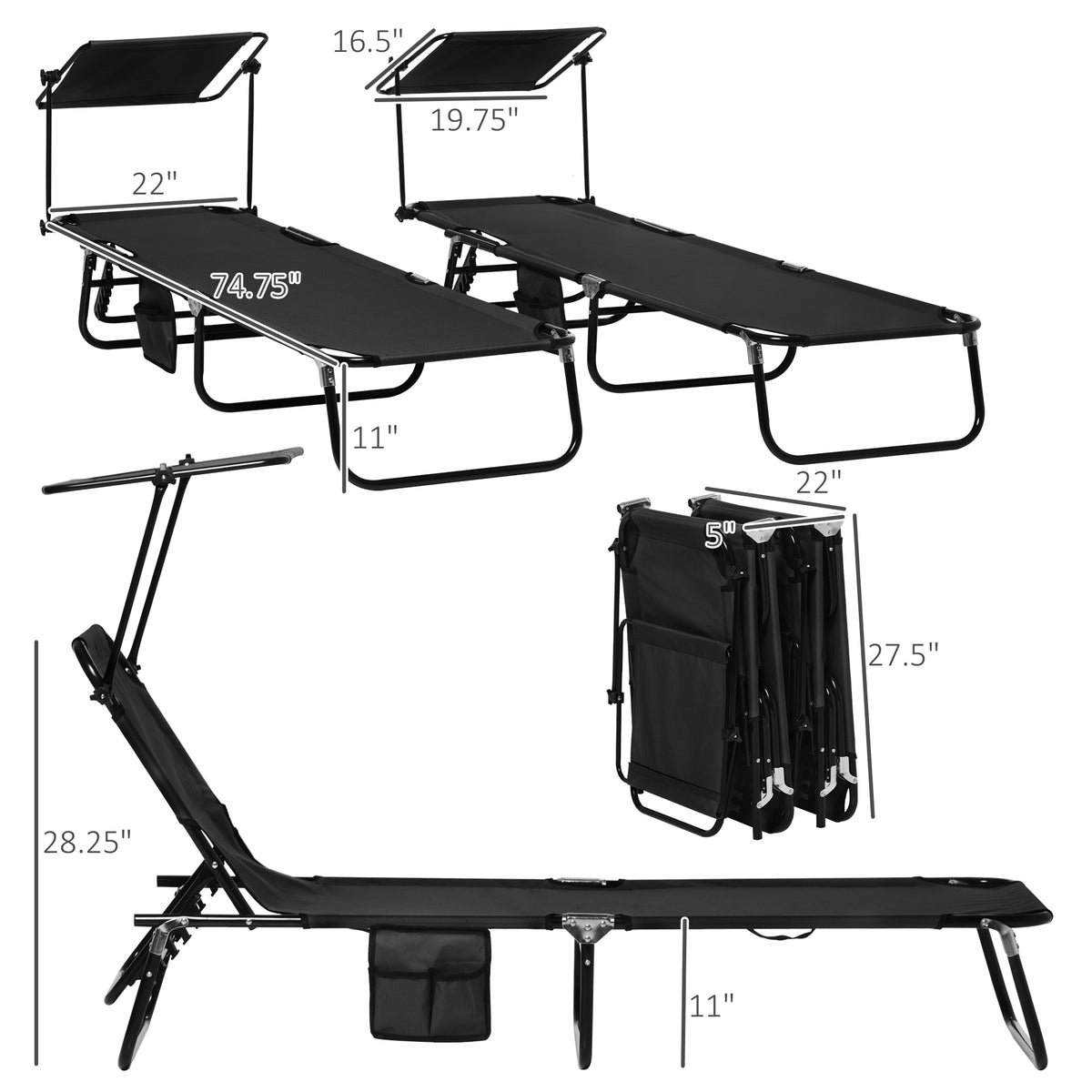 Outsunny Folding Chaise Lounge Pool Chairs, Outdoor Sun Tanning Chairs With Canopy Shade, Reclining Back, Steel Frame And Side Pocket For Beach, Yard, Patio, Black Black Steel