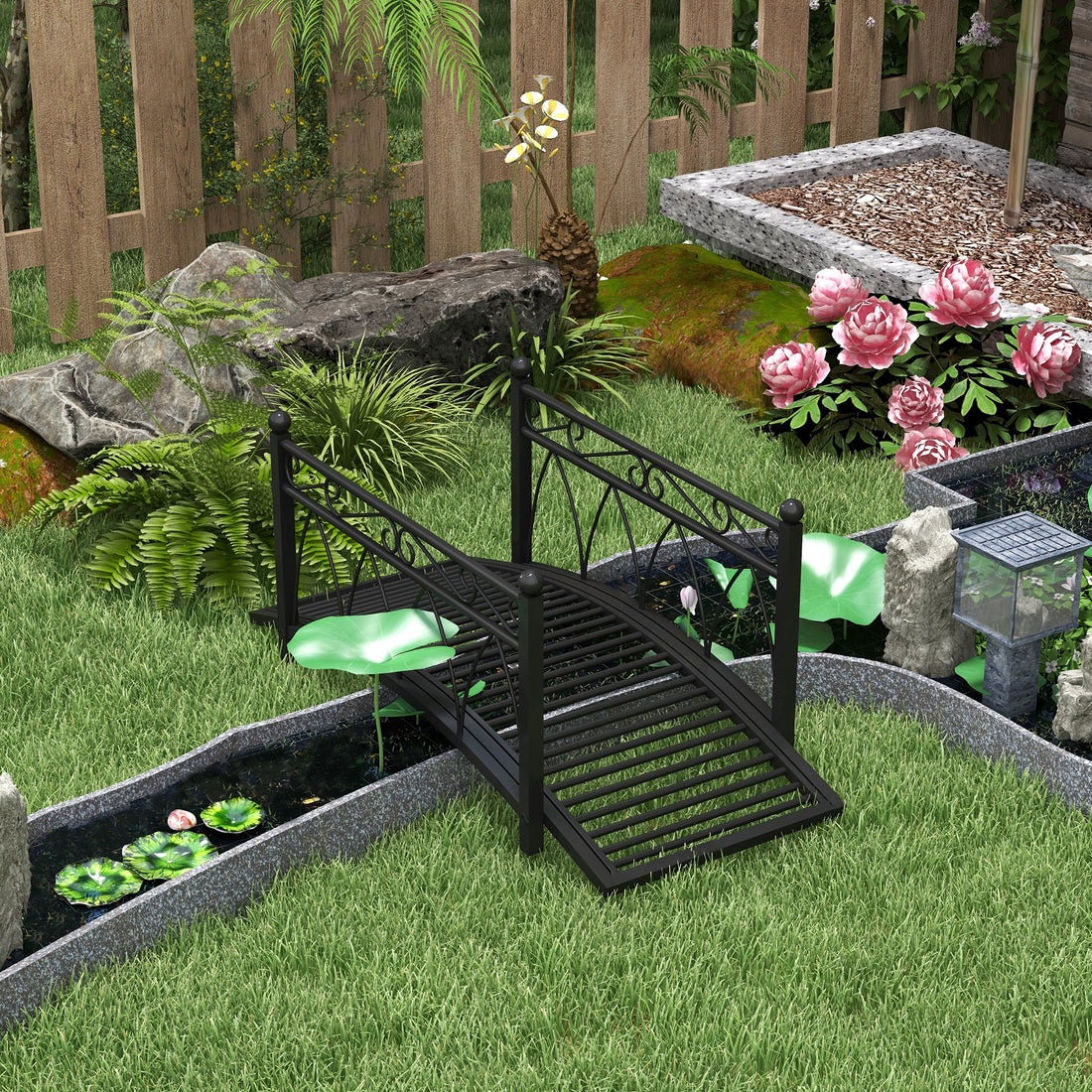 Outsunny 3.3' Metal Arch Zen Garden Bridge With Safety Siderails, Decorative Footbridge, Delicate Scrollwork & Corner Spheres For Stream, Fish Pond, Black Black Steel