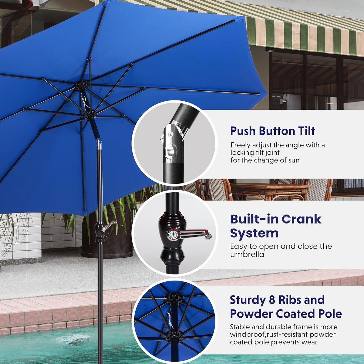 9Ft Outdoor Patio Umbrella With 8 Ribs, Table Umbrellas With Push Button Tilt Crank, Uv Protection Waterproof For Garden Deck Backyard Pool, Blue Blue Stainless Steel