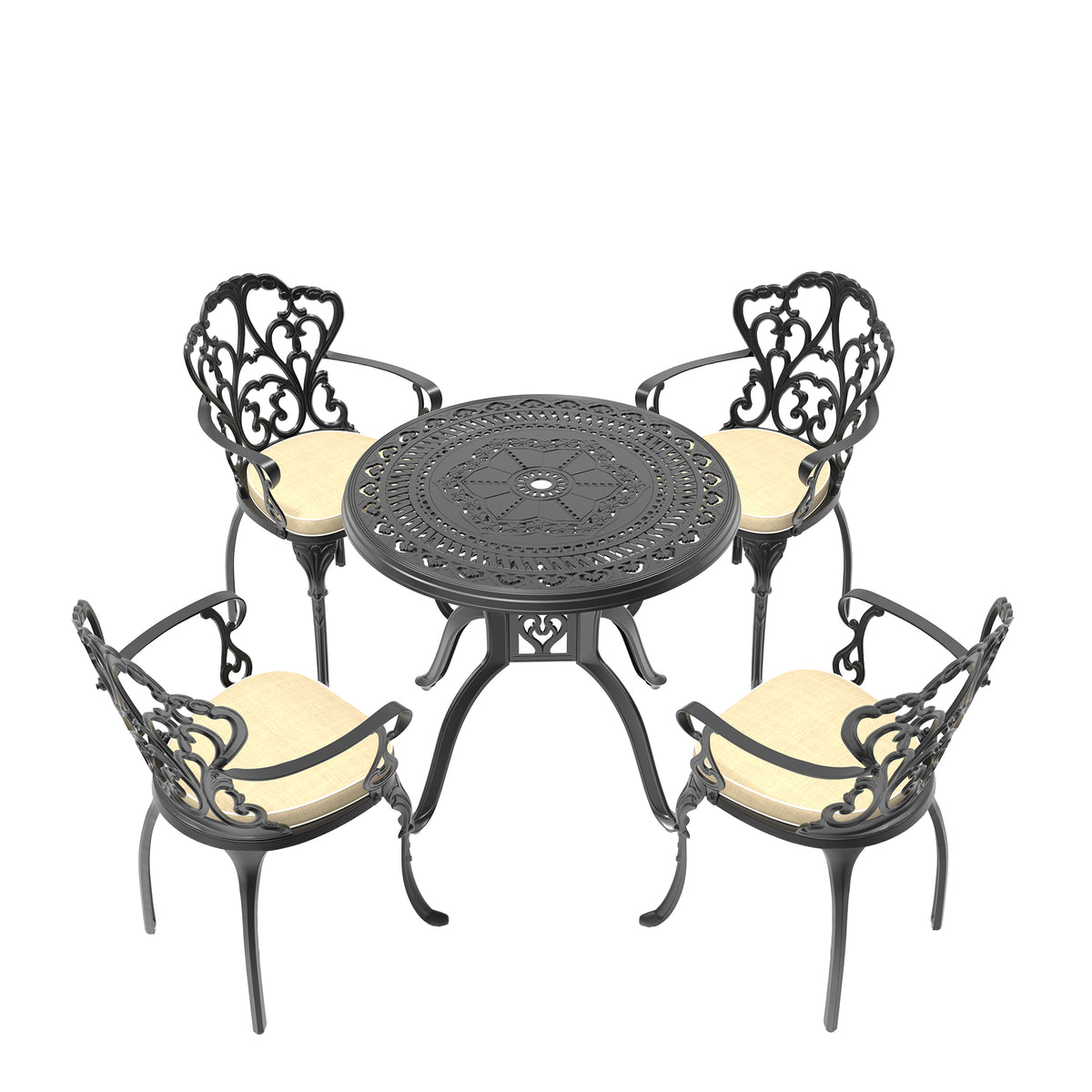 Cushions In Random Colors 5 Piece Set Of Cast Aluminum Patio Furniture With Cushions Yes Dining Set Black Seats 4 Rust Resistant Frame Water Resistant Cushion Garden & Outdoor Complete Patio Sets