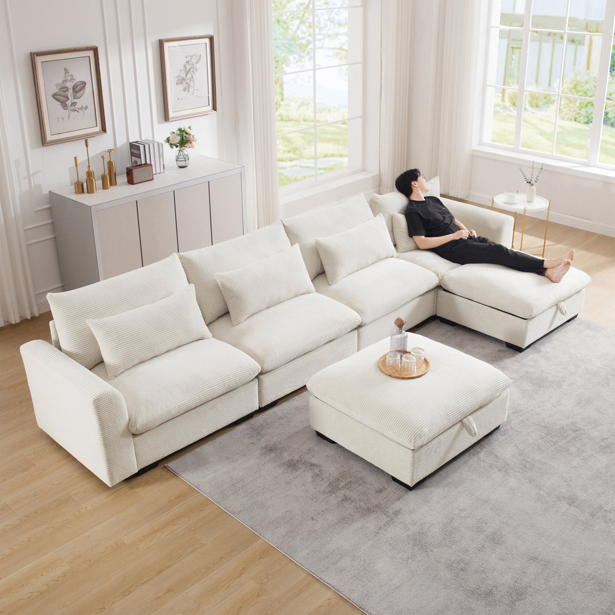 Big Deep Seat U Shaped Corduroy Sectional Couches For Living Room, 4 Seater Sofa Couch With 2 Storage Footstool And 4 Waist Pillows Corduroy, Beige Beige Corduroy 4 Seat