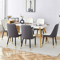 Table And Chair Set.Modern Minimalist Dining Table. White Imitation Marble Pattern Sintered Stone Desktop With Golden Metal Legs.Paried With 6 Comfortable Chairs With Pu Seats And Black Metal Legs.