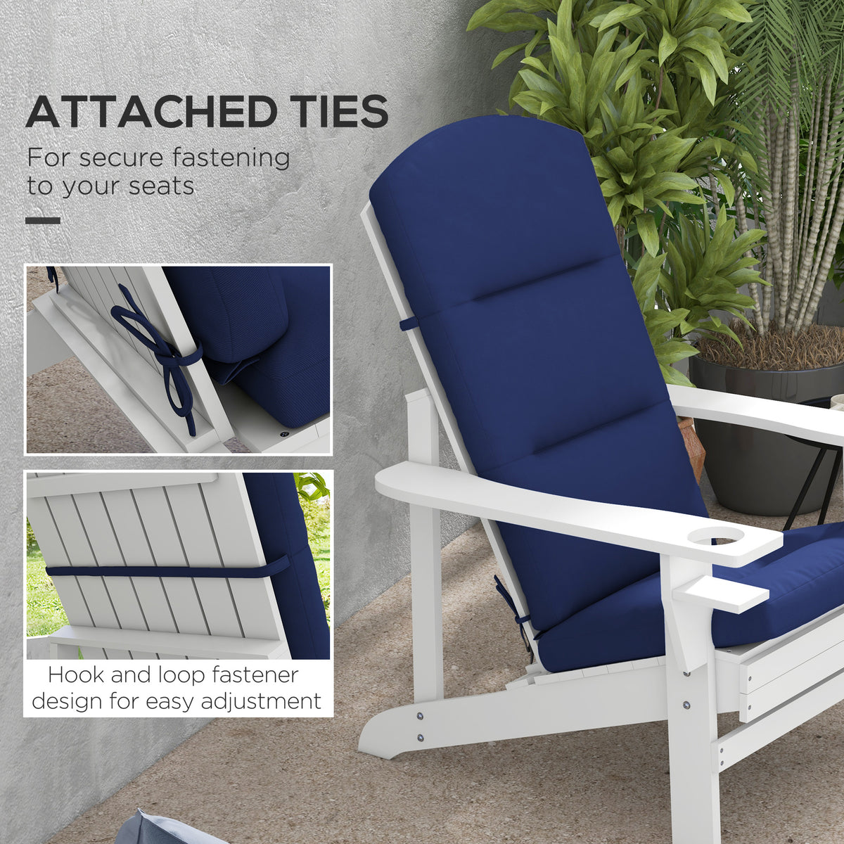 Outsunny 2 Piece Adirondack Chair Cushions, 59 X 20.5 X 2 Inch Outdoor Chair Cushions For Fire Pit Chairs With Seat, Back, Ties, Water Repellent Replacement Patio Seat Pads, Blue Blue Polyester