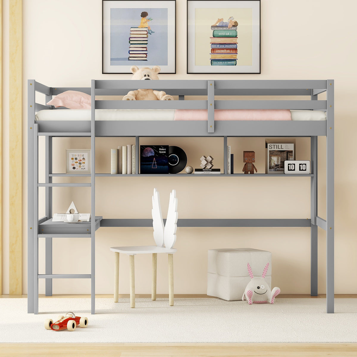 Twin Size Loft Bed With Desk And Shelves, Safety Guardrail And Ladder,Grey Twin Grey Pine