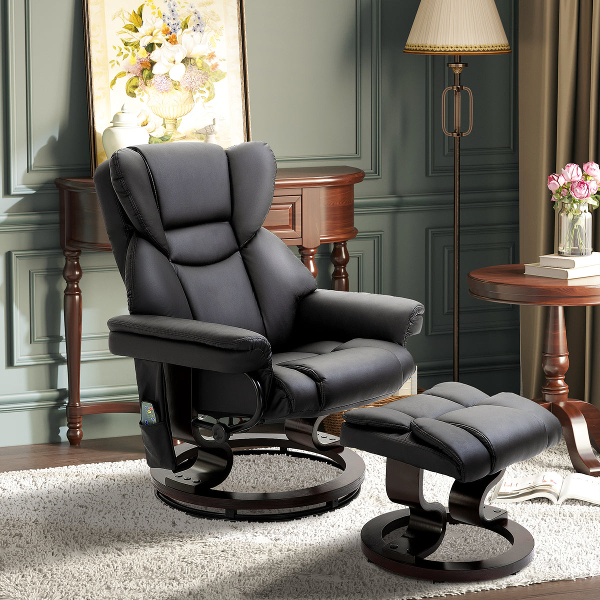 Homcom Massage Recliner Chair With Ottoman Footrest, 10 Vibration Points, 360 Swivel Reclining Chair, Faux Leather Living Room Chair With Side Pocket And Remote Control, Black Black Wood Metal