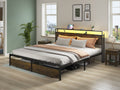 King Bed Frame With Led Lights And Charging Station Robust Metal Wood Construction, Rustic Wood Platform Bed Frame With 2 Drawers, No Box Spring Needed, Noise Free, Vintage Brown, Easy Assemble Box Spring Not Required King Black Brown Metal Brown Bedroom