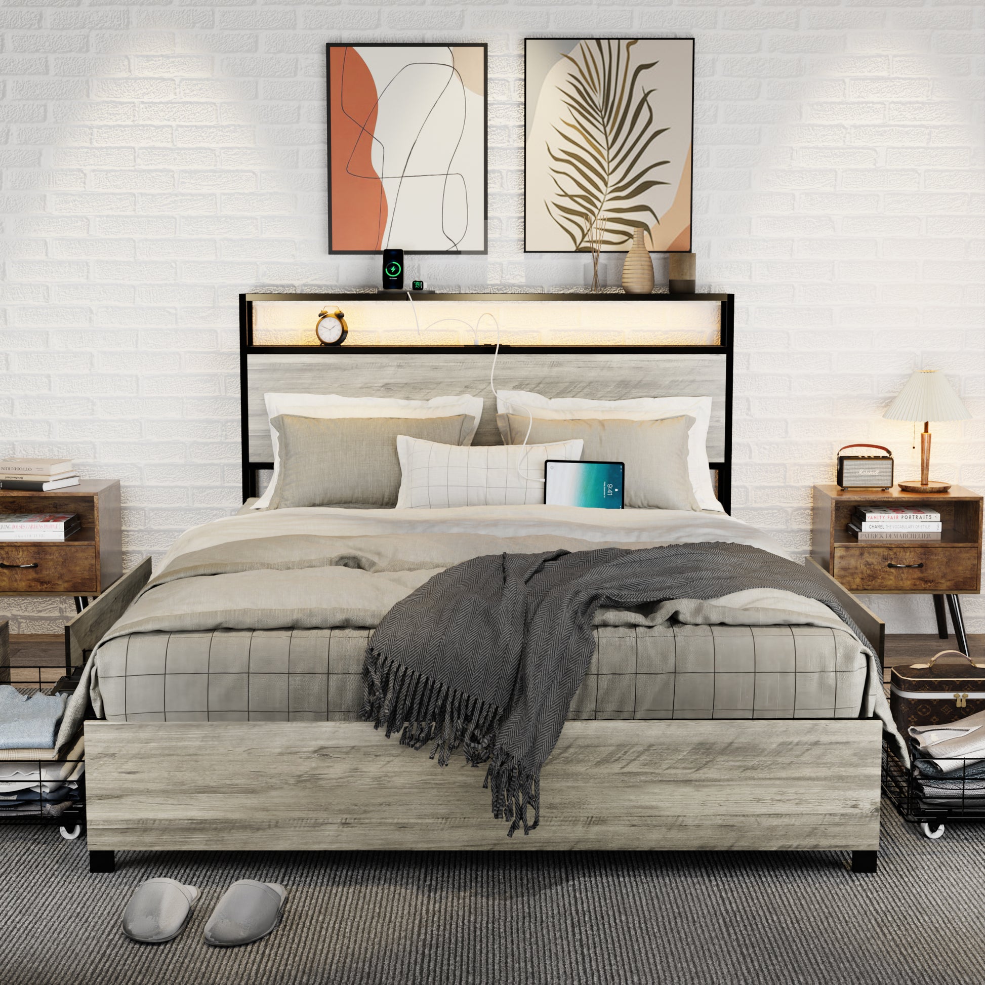 Queen Size Bed Frame With 4 Storage Drawers And 2 Usb Ports, Upholstered Platform Bed Frame With Storage Headboard Charging Station And Metal Slat Support, No Box Spring Needed, Dark Grey. Box Spring Not Required Queen Dark Grey Metal Bedroom Bed Frame