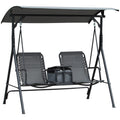 Outsunny 2 Seat Patio Swing Chair, Outdoor Canopy Swing Glider With Pivot Storage Table, Cup Holder, Adjustable Shade, Bungie Seat Suspension And Weather Resistant Steel Frame, Grey Gray Steel