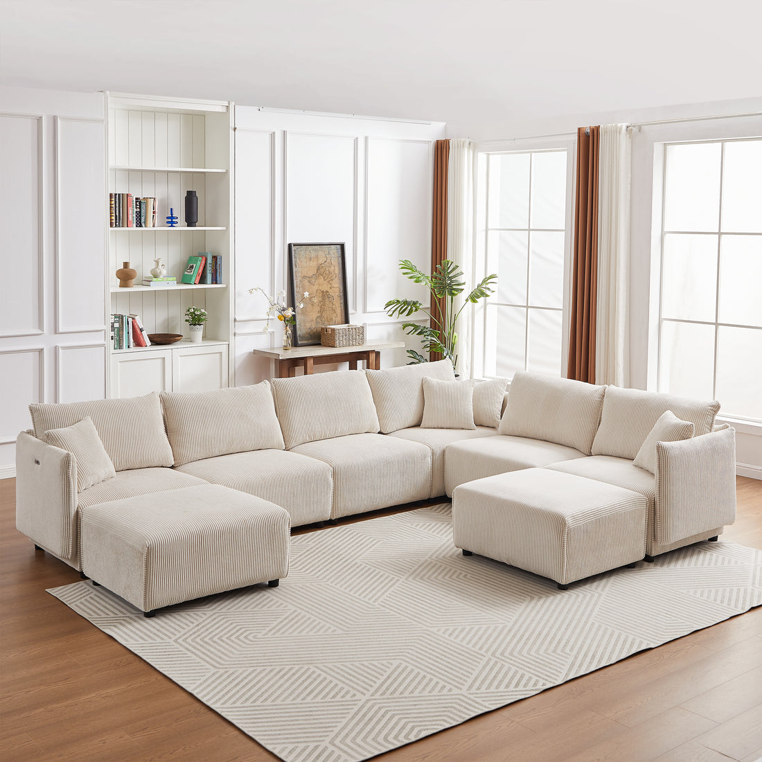 Multi Module Combination Style Sofa For Living Room, Bedroom And Other Lounge Spaces, Modern Minimalist Corduroy Combination Sofa With 2 Comfort Cushions With Usb & C Charging Ports,Beige,Two Sets Beige Foam Fabric 8 Seat