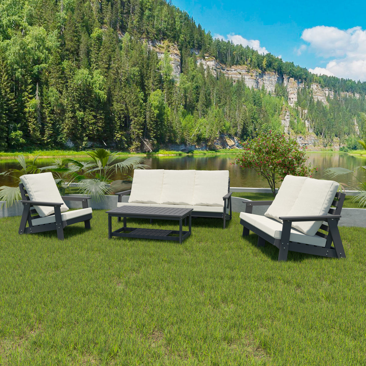 Hips Loveseat With Cushion, Wood Grain Outdoor Garden Sofa, Sofa Set For Porch, Poolside, Terrace, And Yard Grey Beige Grey Hdpe
