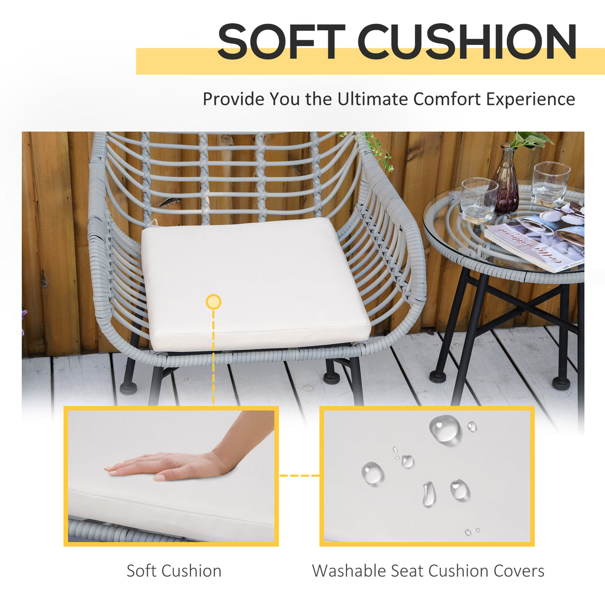Outsunny 3 Piece Patio Set, Outdoor Bistro Furniture, Pe Rattan Wicker Table And Chairs, Cushioned, Hand Woven, Modern Look With Tempered Glass For Garden, Porch, Pool, Backyard, Cream White Gray White Matte Steel