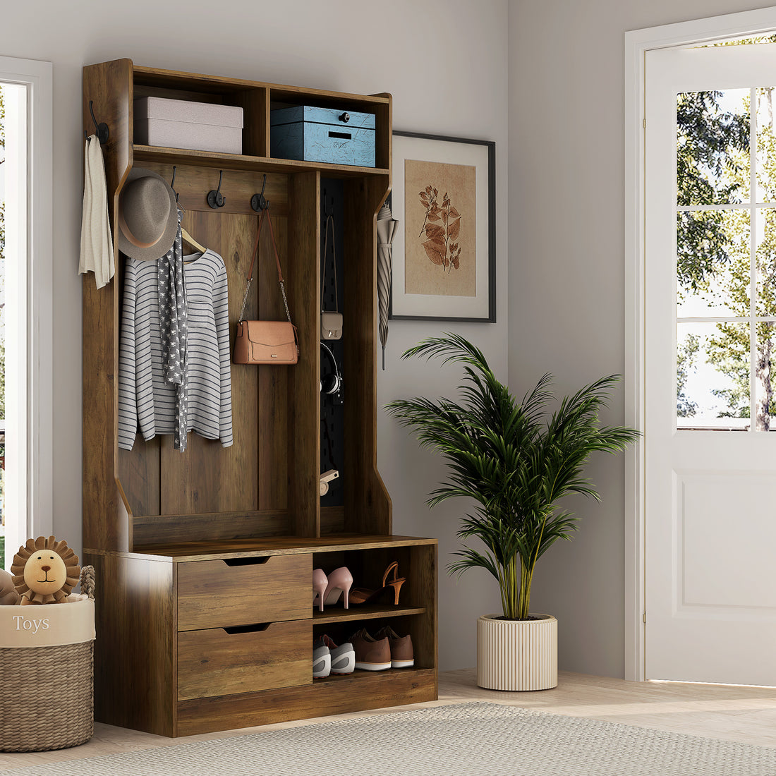 Hall Tree With 5 Hooks,Coat Hanger, Entryway Bench, Storage Bench,For Entrance, Hallwa,Brown Brown Mdf
