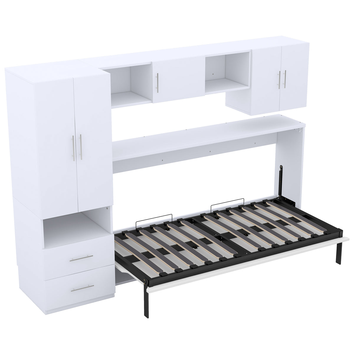 Twin Size Murphy Bed With Open Shelves And Storage Drawers,Built In Wardrobe And Table, White Twin White Solid Wood Mdf