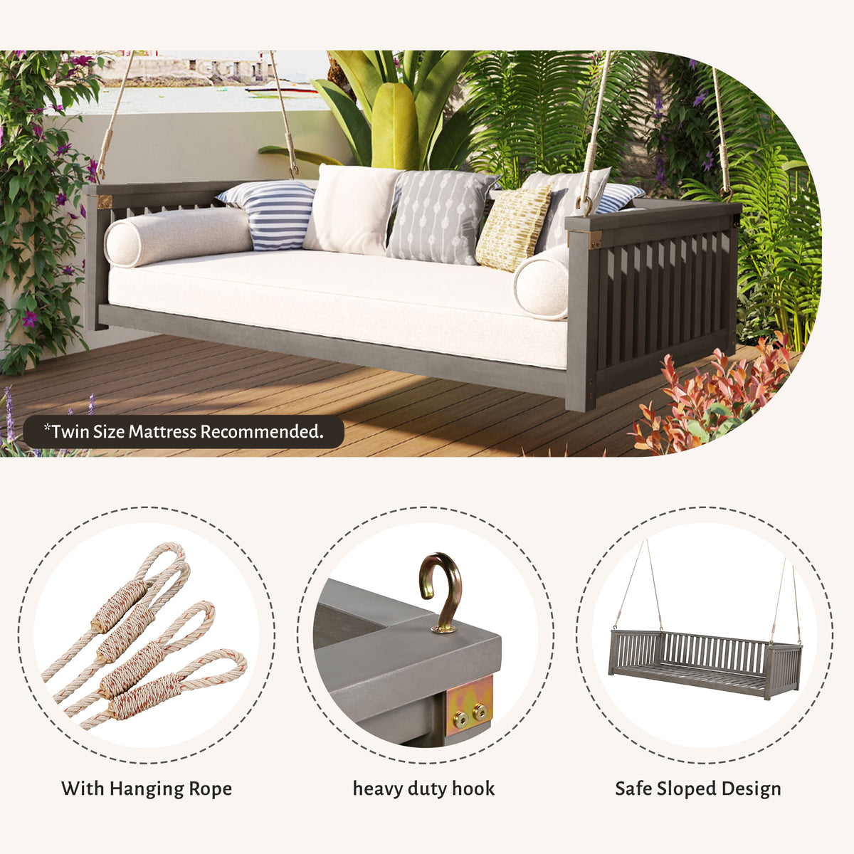 Patio Minimalist Twin Size Garden Swing Bed Wood Porch Swing With Ropes For Backyard, Safe Sloped Design, Gray Gray Weather Resistant Frame Garden & Outdoor Minimalist 2 Person Seating Group Acacia
