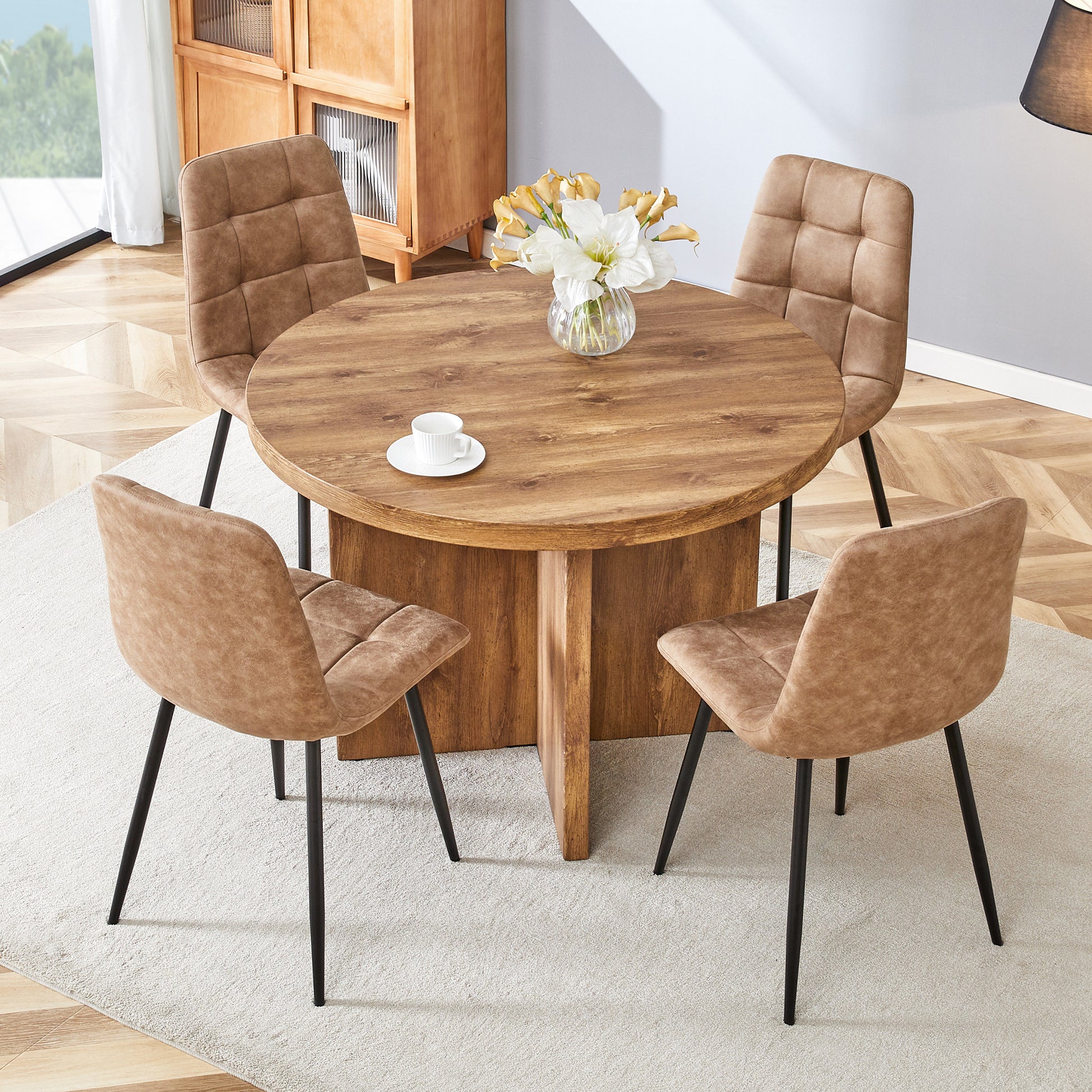 Round Dining Table For 4 6, 42 Inch Modern Kitchen Table Small Dinner Table Mdf Kitchen Dinning Table For Cafe Restaurant Wine Bar Home Office Conference Brown Farmhouse,Mid Century Modern,Modern Round Mdf