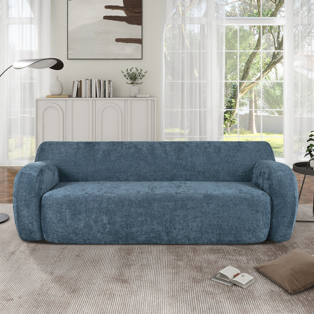 81.5'' Minimalist Curved Upholstered Sofa, 3 Seat Modular Casual Sofa For Living Room, Bedroom, And Apartments Dark Blue Polyester 3 Seat