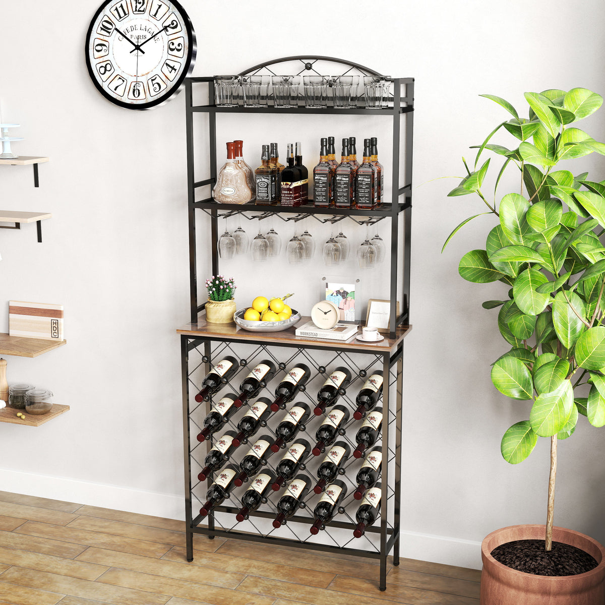 Industrial Wine Rack Bar Table, 3 Tier Liquor Bottle And Glass Holder With Storage Shelves, Metal And Wood Wine Organizer For Home Kitchen, Dining Room, And Living Room Black Brown Kitchen American
