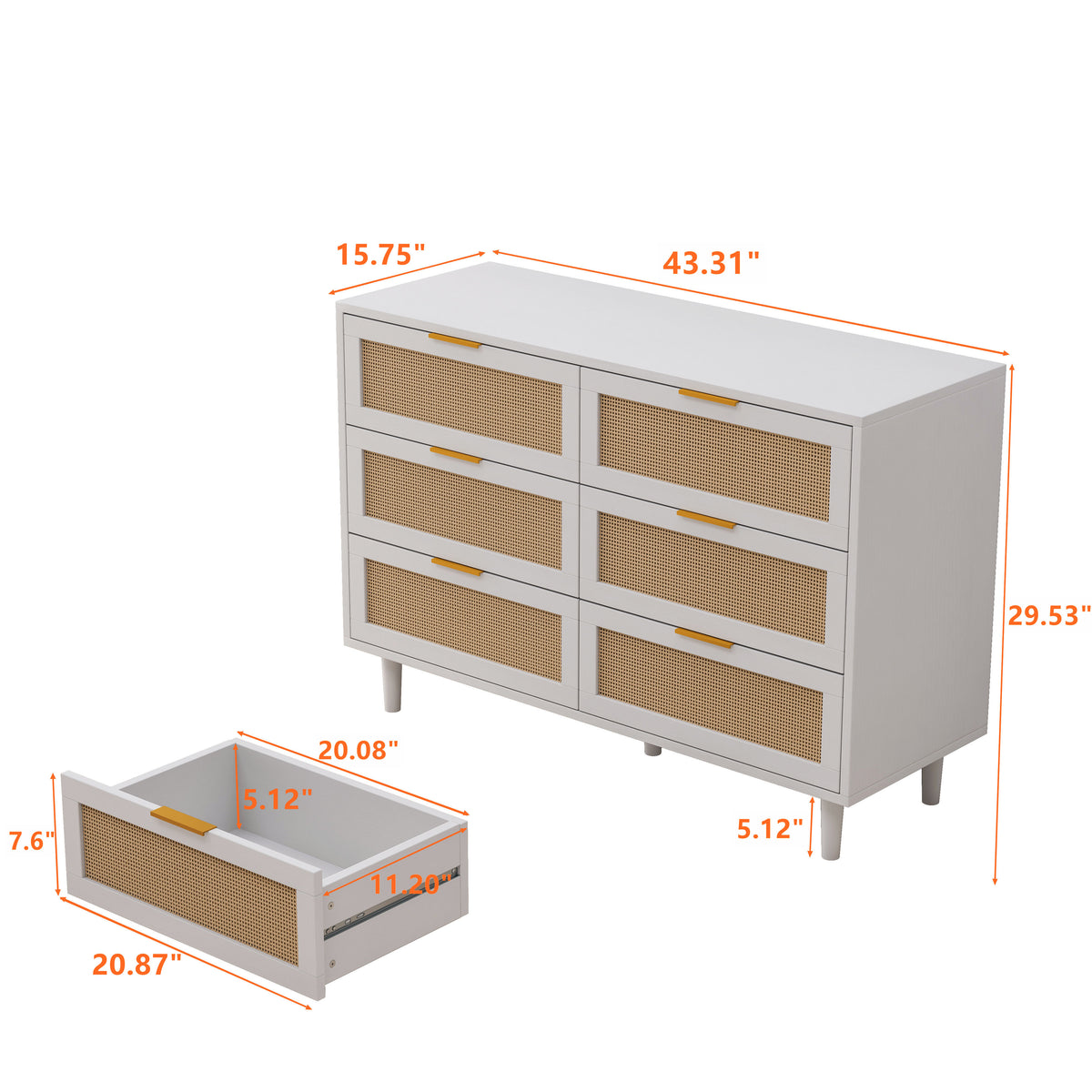43.31"6 Drawers Rattan Storage Cabinet Rattan Drawer,For Bedroom,Living Room,White White Particle Board
