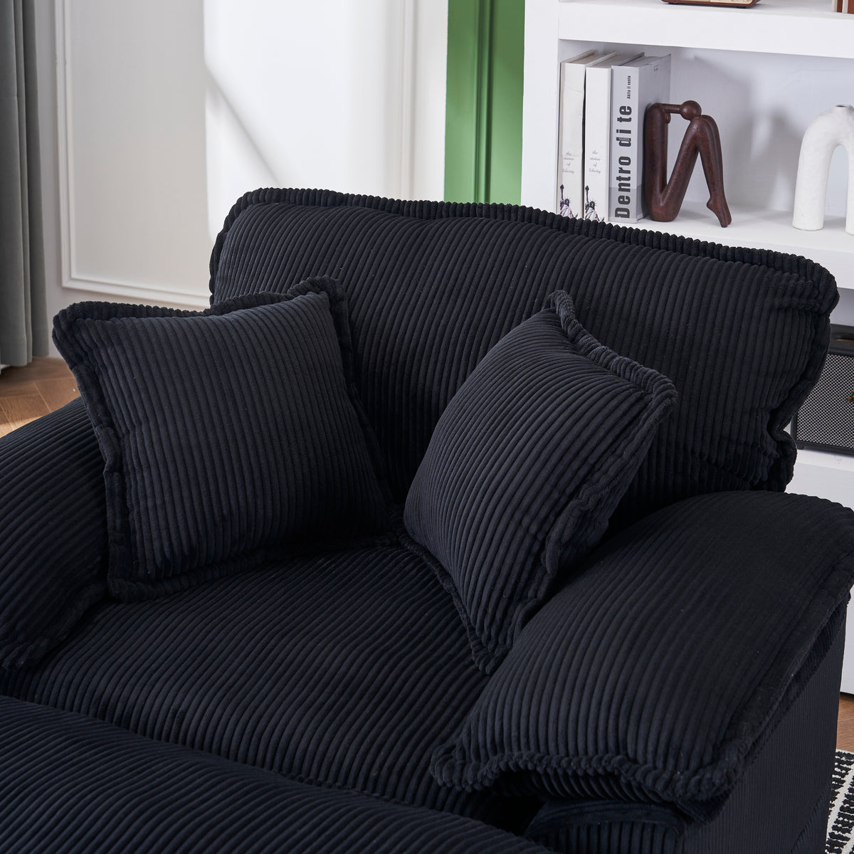 56.3 Inch Corduroy Single Sofa With 2 Toss Pillows And A Ottoman ,Comfy Sofa Deep Seat Couch For Living Room Black Foam 1 Seat