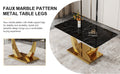 Table And Chair Set.Modern Rectangular Dining Table With Black Textured Stickers Glass Tabletop And Gold Plated Metal Legs.Paried With 4 Comfortable Chairs With Pu Seats And Black Metal Legs. Black Gold Seats 4 Glass Metal