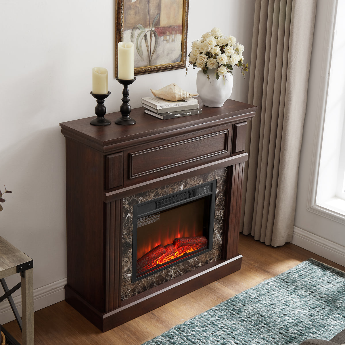 Electric Fireplace With Mantel,Fireplace Mantel Surround With 23" Fireplace Insert, Adjustable Flame, Remote Control, Cherry,41.34"W*14"D*40"H Cherry Mdf