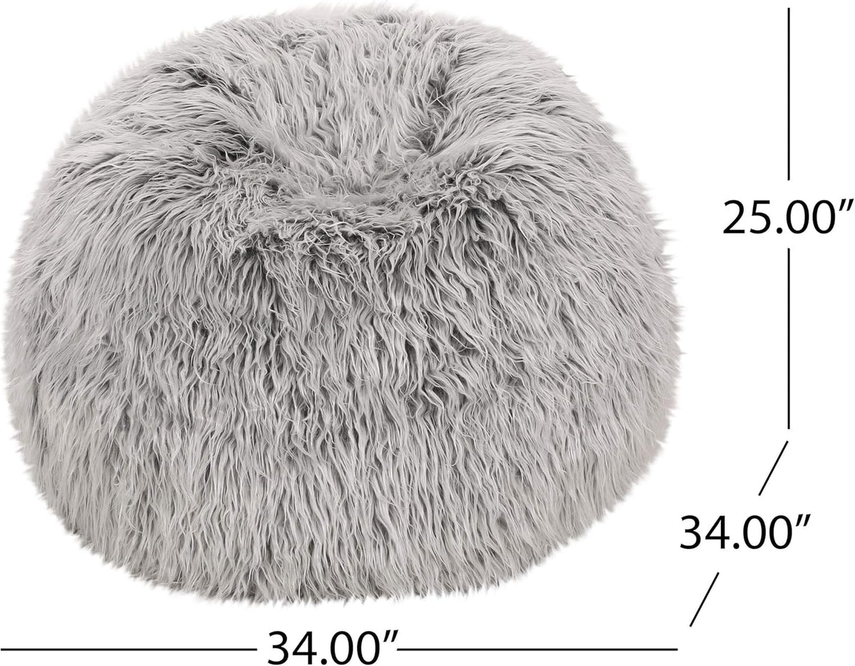 Hawley Silver Gray Faux Fur 3 Foot Bean Bag, Silver Gray Gray Faux Fur