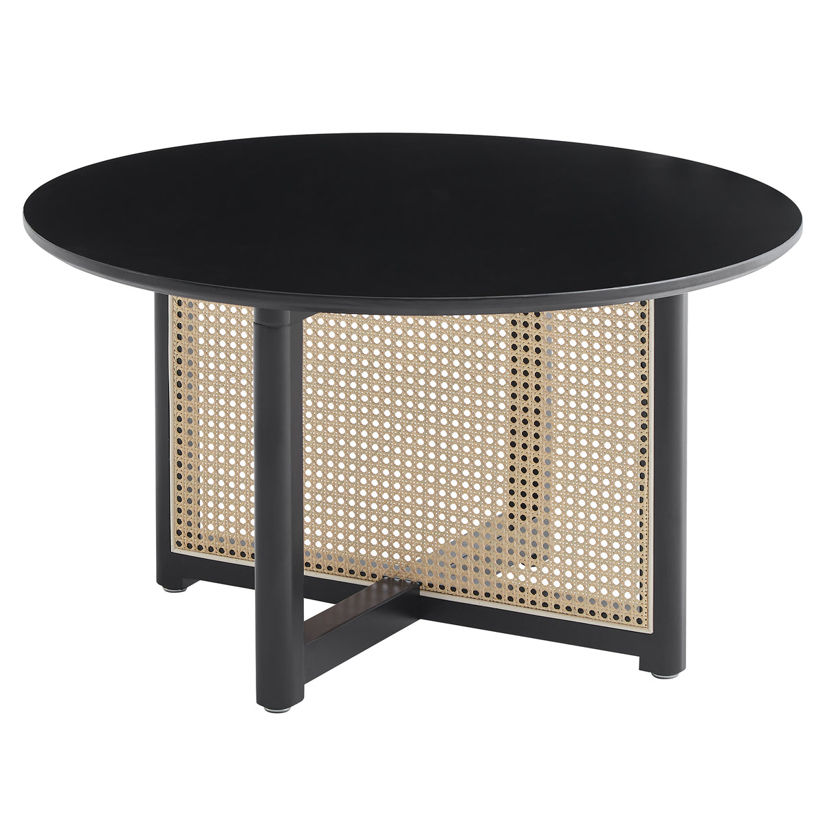 Mid Century Wooden Coffee Table With Pe Cane Stand, 31.5 Inch Round Solid Wood Bohemian Style Coffee Table, Unique Central Cocktail Table For Living Rooms, Apartments And Offices Black Rubber Wood